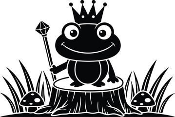 Charming Frog Prince with Crown and Scepter Amidst Grassy Wood Stump and Mushrooms in Enchanting Forest Setting  Silhouette Vector Illustration