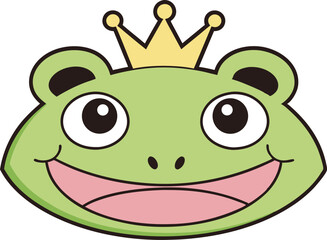 Cheerful Cartoon Frog Prince Head with a Golden Crown Smiling Brightly for a Fun and Playful Image Vector Illustration