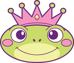 Cartoon Frog Princess with a Pink Crown and Purple Eyes, Smiling Lovingly with Rosy Cheeks and Friendly Expression Vector Illustration