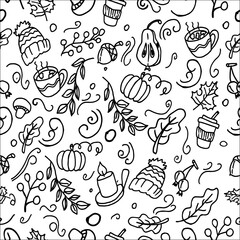 Hand-drawn seamless pattern with cozy autumn elements pumpkins, leaves, cups, candles, berries, acorns, and knit hats. doodle for prints, wrapping paper, textile design, coloring pages, digital