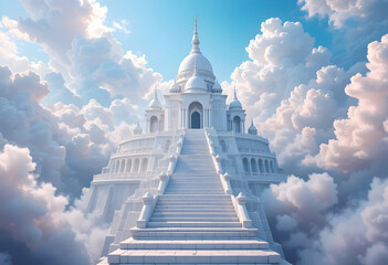 Surreal Digital Painting of White Temple Steps Among Clouds.