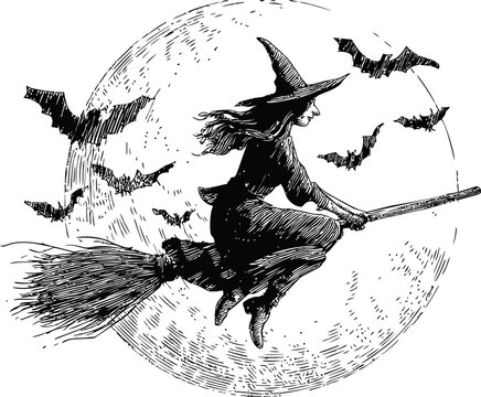 Witch flying on a broomstick by the full moon with bats in the night sky. Vector illustration in sketch style