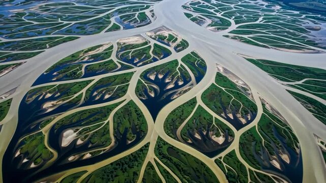 Aerial view of river delta system with water, land and green trees creating scenic nature landscape.