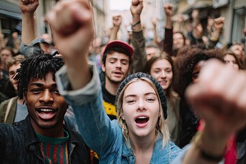 A diverse crowd of young adults raises their fists in protest, shouting with passionate expressions on their faces, filling a city street