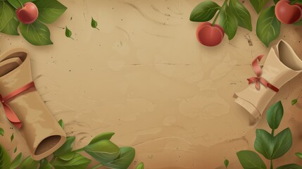 Graduation celebration background with diplomas and leaves for end of course design. Horizontal banner. Copy space. End of course. Education concept. Graduation, university, institute, school