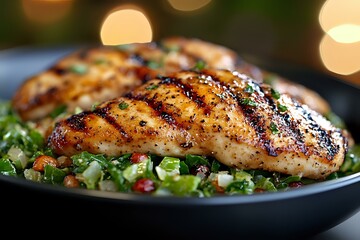 Grilled salmon fillet with charred grill marks served on fresh herb salad bed, garnished with chopped parsley and seasonings against blurred warm bokeh background.