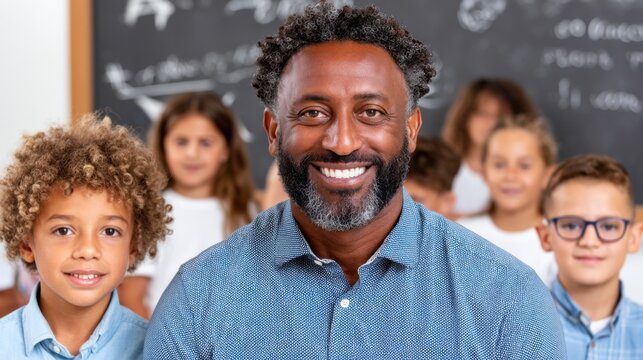 Smiling male teacher with diverse group of students in classroom setting