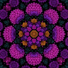 Intricate vibrant floral mandala pattern with stylized flowers on black background