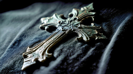 A large steel cross on a black background  a metallic cross from earlier times, finely handcrafted.