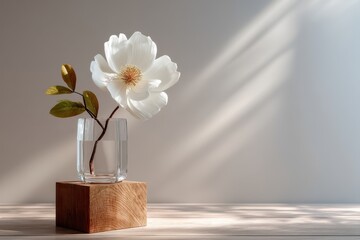 Minimalist arrangement of a white flower in a glass vase on wooden stand
