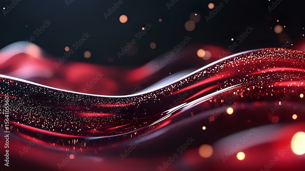 Poster flowing red waves with glittering particles and bokeh effects on dark background create dynamic abst
