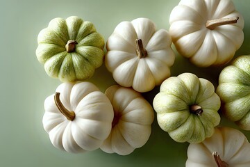 White and green mini pumpkins arranged on soft green background creating seasonal autumn composition for harvest and fall decoration designs.