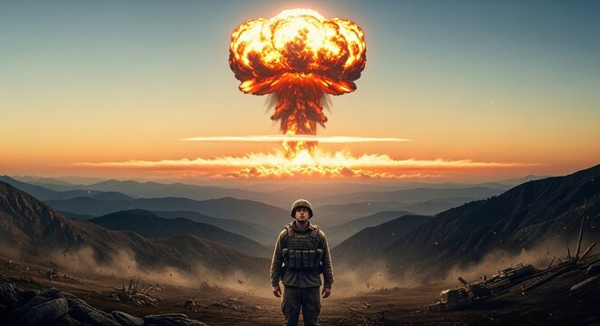 Soldier stares up at a massive mushroom cloud rising over distant mountains against an orange tinted sky.