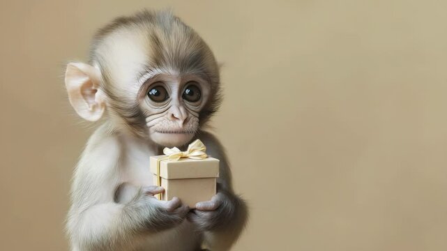 Baby Monkey Exploring Gift Box with Curiosity in a Sequence of Three Frames