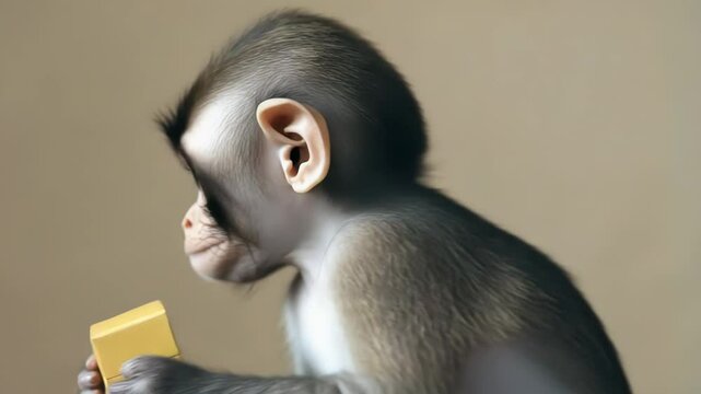 Young Monkey Curiously Examines Yellow Object in Three Consecutive Frames