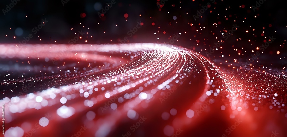 Poster glowing red light trails with bokeh particles creating dynamic motion path against dark background, 