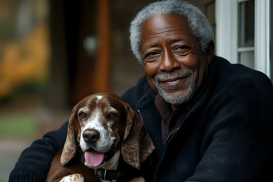 Senior African American man in black sweater smiling warmly while embracing brown and white beagle dog outdoors, representing companionship and joy between pets and owners.