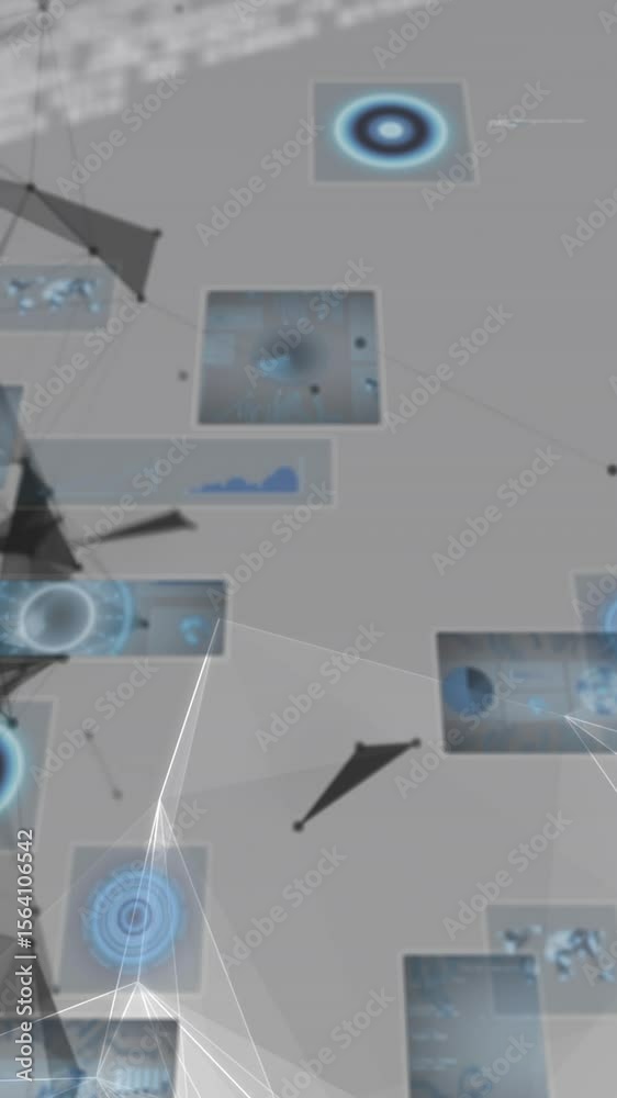 Poster animation of hud interfaces, dots forming geometric shapes over programming language in background