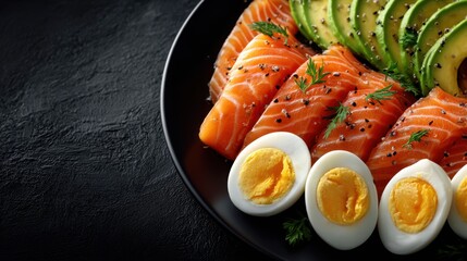 Vibrant platter with fresh salmon, avocado, and boiled eggs on a black plate. Ideal for health and lifestyle promotions.