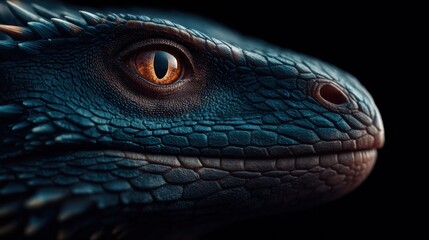 Close-up of a dragon's head with intricate blue scales and orange eye, set against a dark background. Highlights fantasy and mythical themes.