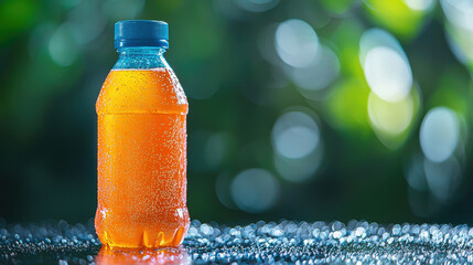 Refreshing sports drink in bottle with condensation, set against blurred green background, evokes hydration and energy