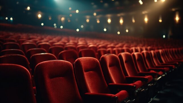 Rows of vibrant red cinema seats in dim, moody lighting, creating a sense of anticipation in an empty theater.