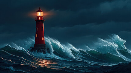 A vibrant red lighthouse withstands massive ocean waves in a stormy seascape, symbolizing guidance and resilience.