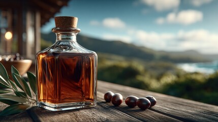 A bottle of olive oil with cork, olives, and leaves on rustic wood, set against blurred rolling hills and sky. Ideal for promoting natural, healthy living.