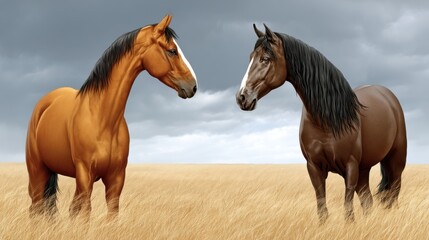 Fototapeta premium Two horses standing in a grassy field under a cloudy sky, facing each other with calm expressions