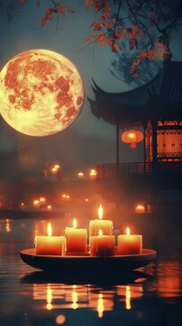 Floating Candle Lanterns on Tranquil Water Reflecting Full Moon with Traditional Architecture