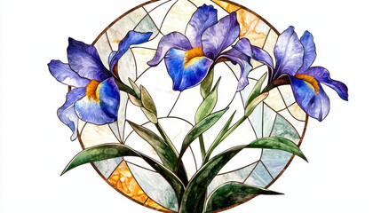 Stylized irises in stained glass style with vibrant blue petals and green leaves, creating beautiful floral design