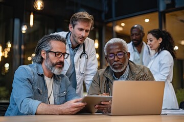 A diverse group of medical professionals and a patient review data on a tablet and laptop in a dimly lit office at night