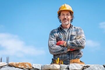 A middle-aged man, smiling, wears a yellow hard hat and plaid shirt, arms crossed, leaning on a low stone wall against a clear blue sky.  He has a tool belt