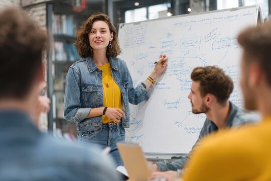 A young woman leads a brainstorming session, presenting ideas on a whiteboard to a small group of attentive colleagues in a casual office setting