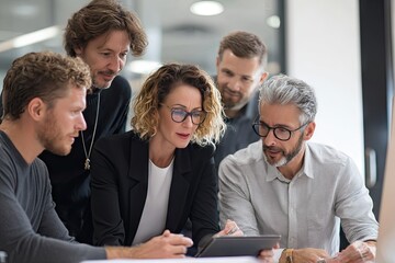 A diverse group of professionals collaborates around a tablet, engaged in focused discussion and teamwork within a modern office setting