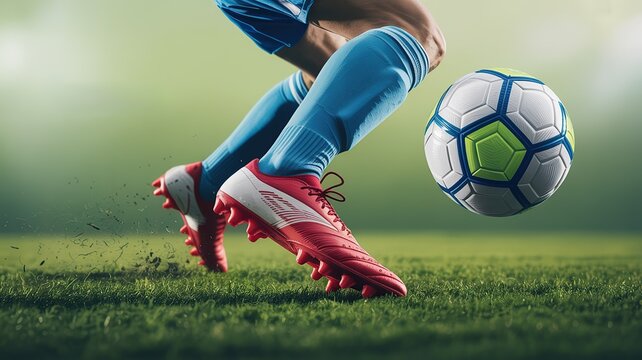 Close up of a soccer player s feet in red cleats kicking a ball on a green field