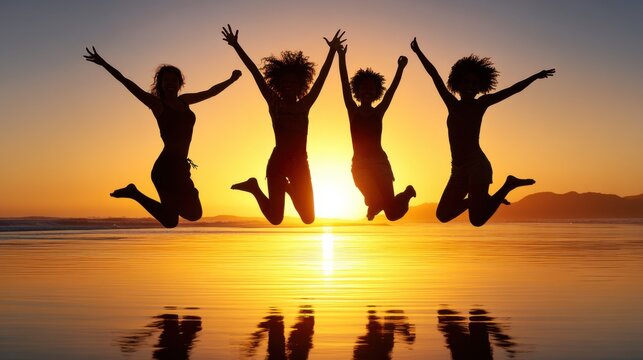 Four women jumping in the air at sunset on the beach creating joyful and energetic atmosphere