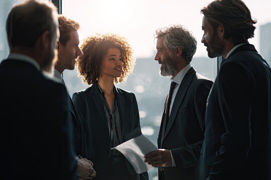 A diverse group of professionals in business suits engages in a discussion near a bright window, sunlight illuminating them