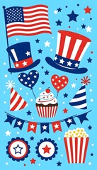 Obraz premium Festive patriotic themed background with American flag, hats, and a cupcake for celebration.