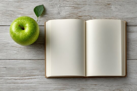 Open notebook with blank pages beside a green apple on wooden background