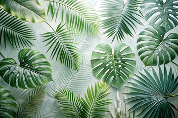 Lush Tropical Greenery:  Serene Monstera and Palm Leaves on a Soft Green Background.