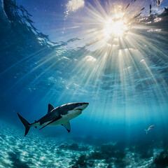 ---great-white-shark-and-sun-rays-
