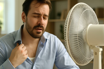 A sweaty man in an unbuttoned shirt in an office in front of a fan