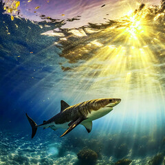 Fototapeta premium ---great-white-shark-and-sun-rays-
