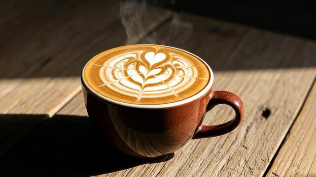 Close-up of hot latte art coffee in brown mug on wooden table with steam.