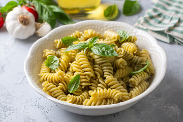 Italian Fusilli Pasta and Pesto. Fusilli pasta, basil and herbs, parmesan cheese, basil and garlic