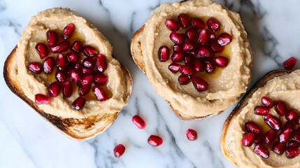 Delicious Hummus Toast with Pomegranate Seeds