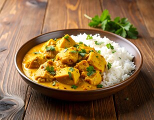 Spicy egg curry served with jeera rice in a clean bowl on a wooden table
