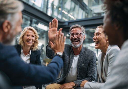 A diverse group of smiling business professionals celebrates a success with a high-five in a modern, open-plan office setting
