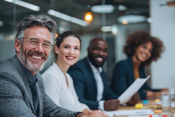A diverse group of smiling business professionals sit at a conference table, ready for a meeting.  The man in the foreground is centrally focused, radiating positive energy
